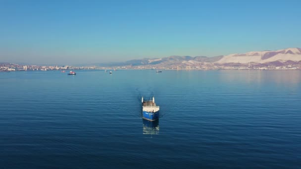 晴れた日には海上の超大型貨物船が港を出港した後の空中風景 — ストック動画