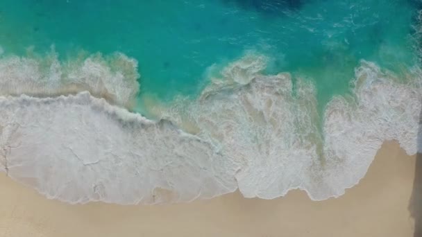 Flygfoto över underbara turkosa havsvågor lappning längs sandstrand — Stockvideo