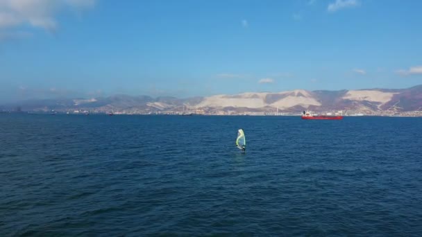 Luftaufnahme des ultragroßen Frachters auf See, der bei sonnigem Wetter den Hafen verlässt — Stockvideo
