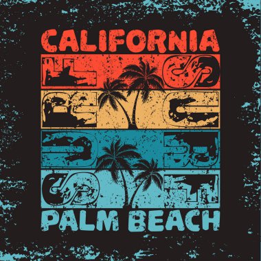 California beach, palm beach t-shirt, tipografi spor, amblem grafik, vintage spor giyim tee baskı tasarımı