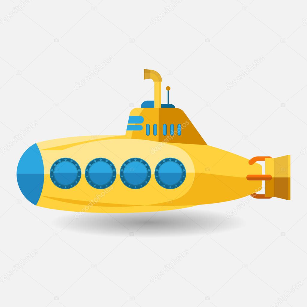 yellow submarine with periscope, flat design.