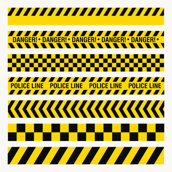 black yellow ribbons, danger baricade, police crime, dangerous area fence, flat style, vector image