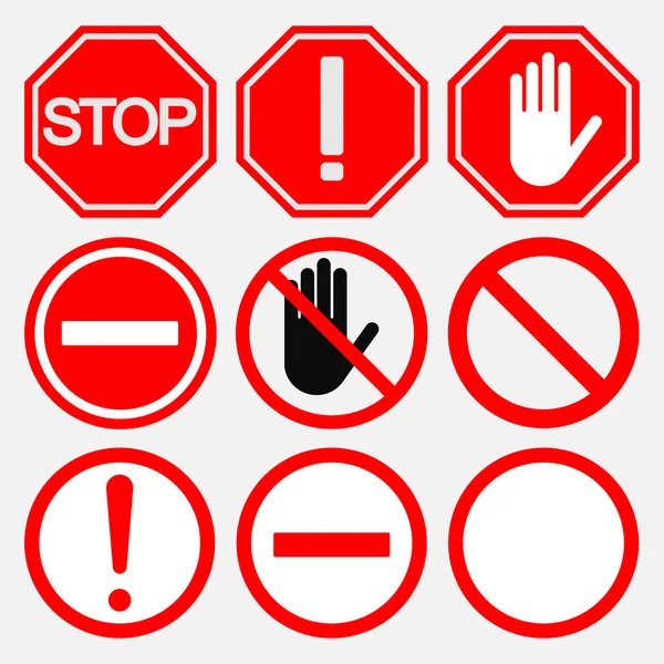 Set Road Stop Signs Safety Road Notifying Prohibiting Signs Flat — Stock Vector