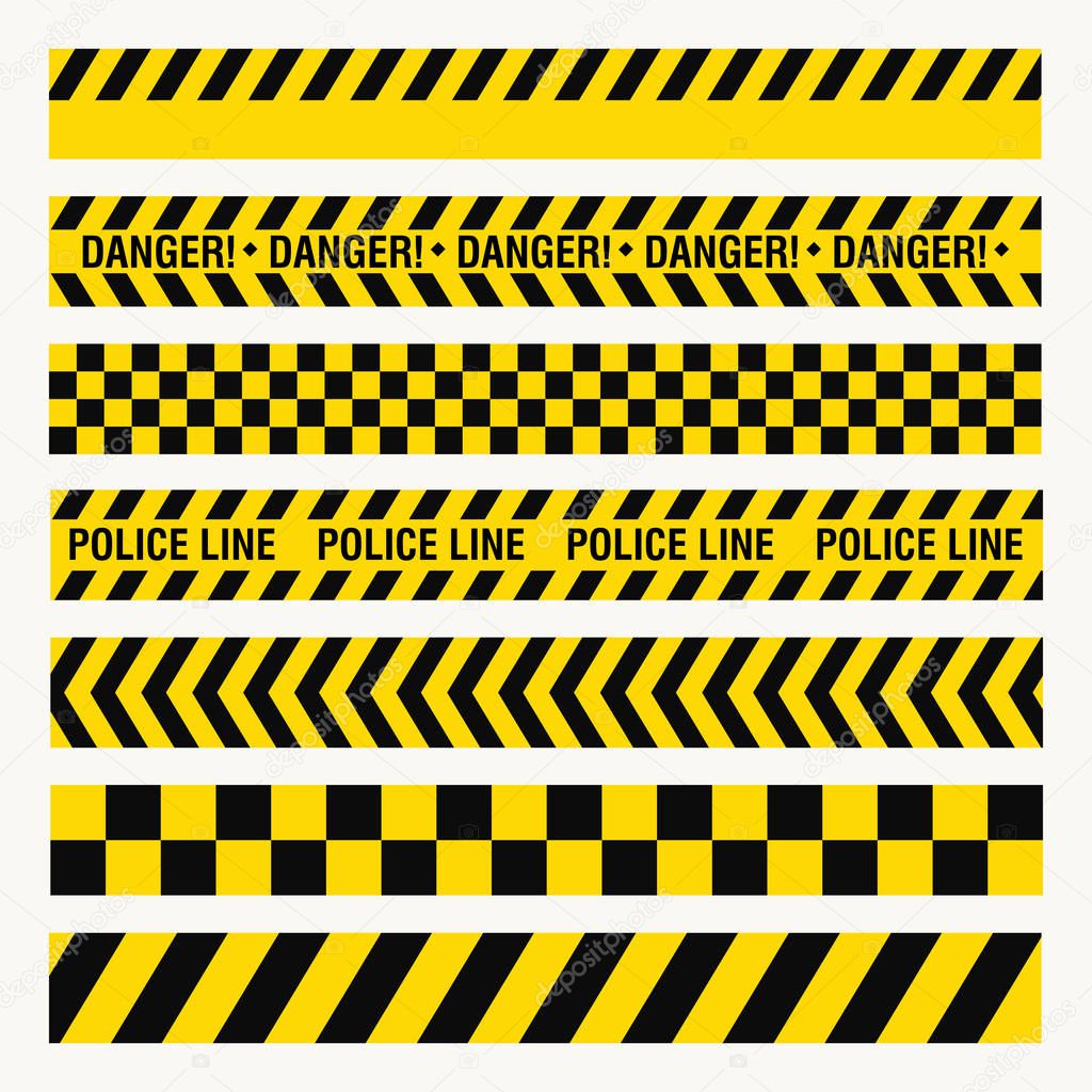black yellow ribbons, danger baricade, police crime, dangerous area fence, flat style, vector image