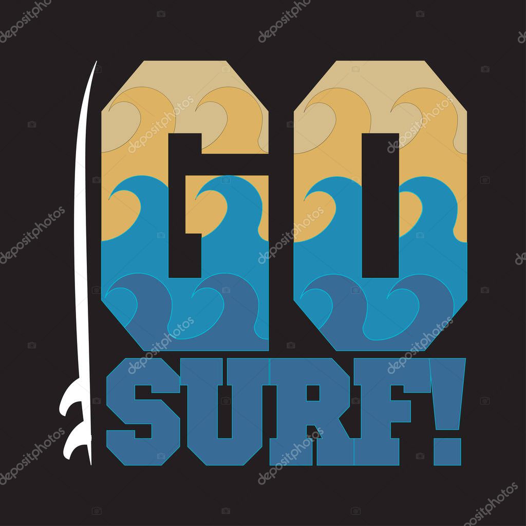 Go surfing, Miami Beach, Florida surfing t-shirts,t-shirt inscription, typography graphic design emblem, stylish printing design for sports wear apparel. original