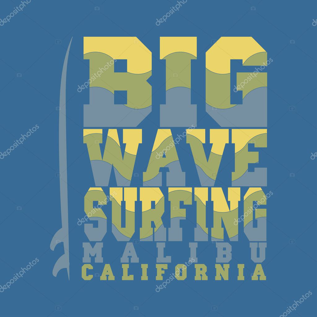Surfing Malibu, California surfing T-shirt, T-shirt inscription, typography graphic design