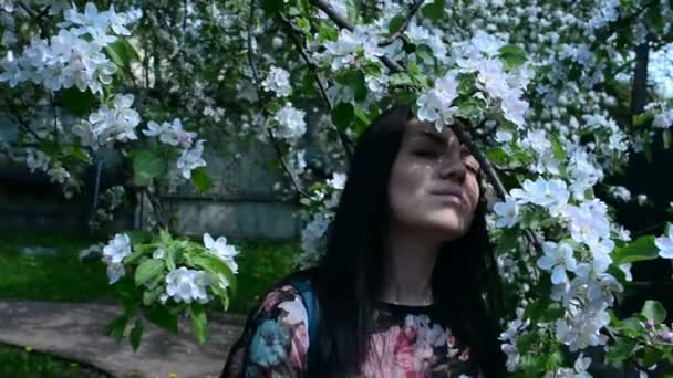 Joven mujer feliz caminando en un huerto de manzanas en las flores de primavera blanco. Retrato de una hermosa chica — Vídeos de Stock