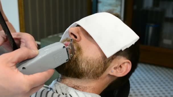 Para hombre peinado y corte de pelo en una peluquería o peluquería. Aseo la barba. Barbería. Hombre peluquero haciendo corte de pelo barba hombres adultos en la peluquería para hombre. Peluquerías en el lugar de trabajo — Vídeos de Stock