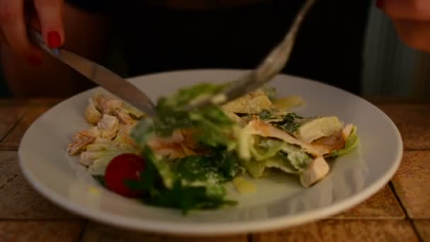 カフェでシーザー サラダを食べる女 — ストック動画
