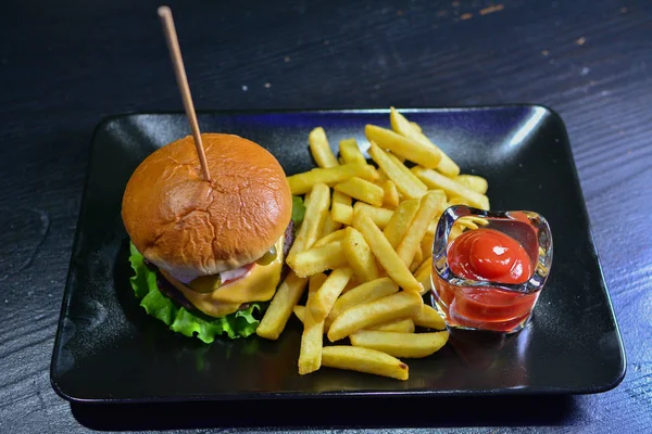 Tasty Burger French Fries Sauce Black Board — Stock Photo, Image