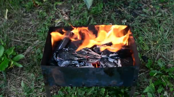Trä, papper och träkol i metall brazier grill flambering, värme, glödande i ljusa röda och orange färger innan matlagning grill på varm lägereld, bra som picknick bakgrund — Stockvideo