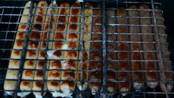 Grill Browned Pølser Den Varme Grill Person Tænder Sætter Fletninger – Stock-video