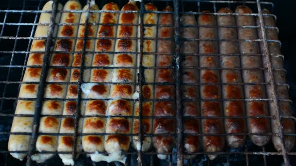 Pirított Kolbászt Forró Grill Barbecue Egy Személy Kapcsolja Tedd Fel — Stock videók