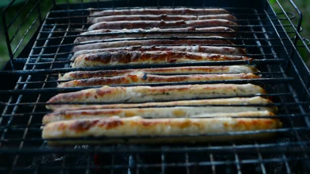 烧烤褐色的香肠热的烤架上 一个人转身放在火盆 — 图库视频影像