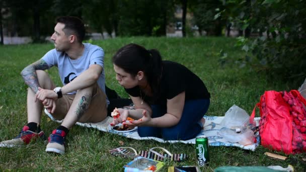 モスクワ ロシア連邦 2018 男と日当たりの良い夏の公園で若い女性 リラックスし ソーセージとハンバーガーを食べる ランデブーと夏の公園の芝生の上でピクニック — ストック動画