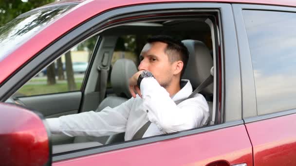 Driver Car Being Bored Sitting His Vehicle Waiting — Stock Video