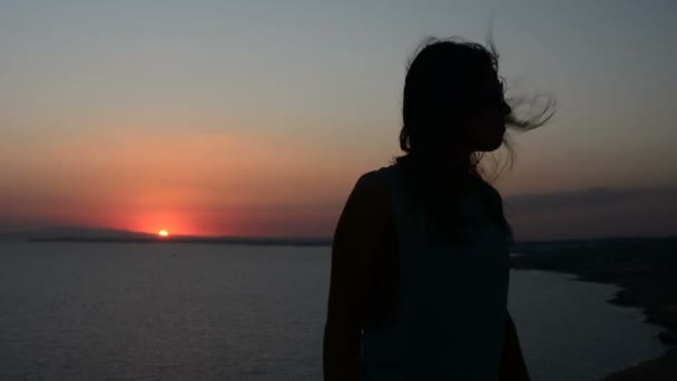 Silhouette d'une femme qui se déplace sur un fond de coucher de soleil, une dame danse sur le sable le soir, ses cheveux flottent dans le vent — Video
