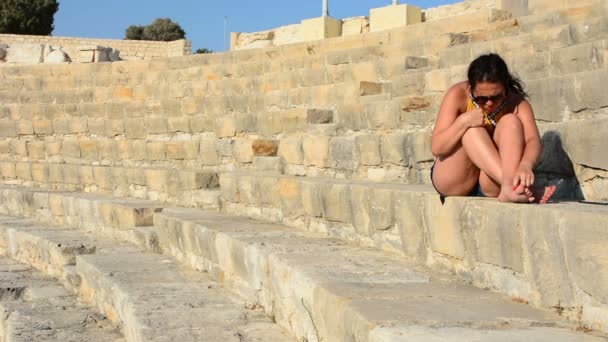 Girl Sitting Steps Old Stadium Kourion — Stock Video