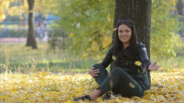 Beautiful girl sitting under a tree in the autumn park smiling — Stock Footage Beautiful Girl Sitting Tree Autumn Park Smiling Royalty Free Stock Footage