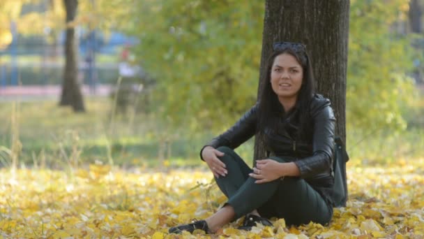 Menina Bonita Sentada Sob Uma Árvore Parque Outono Sorrindo — Vídeo de Stock