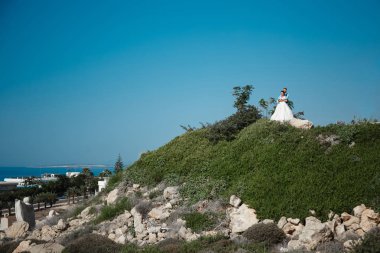 Genç gelin ve damat sahilde yürüyüş, Öpüşme ve sahip eğlenceli, düğün töreni kayalar ve deniz yakınında gülümseyen güzel. Kıbrıs Sahil düğün töreni