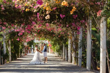 Genç gelin ve damat sahilde yürüyüş, Öpüşme ve sahip eğlenceli, düğün töreni kayalar ve deniz yakınında gülümseyen güzel. Kıbrıs Sahil düğün töreni
