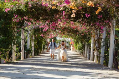 Genç gelin ve damat sahilde yürüyüş, Öpüşme ve sahip eğlenceli, düğün töreni kayalar ve deniz yakınında gülümseyen güzel. Kıbrıs Sahil düğün töreni