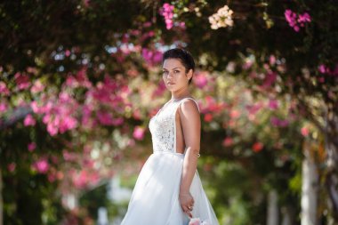 Genç gelin ve damat sahilde yürüyüş, Öpüşme ve sahip eğlenceli, düğün töreni kayalar ve deniz yakınında gülümseyen güzel. Kıbrıs Sahil düğün töreni