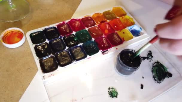Mulher Mãos Pintando Arco Íris Colorido Conjunto Para Pintura Com — Vídeo de Stock