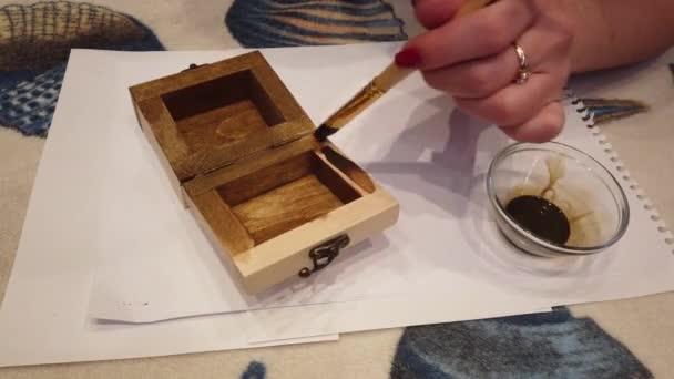 Woman Painting Wooden Box Brush Brown Color — Stock Video