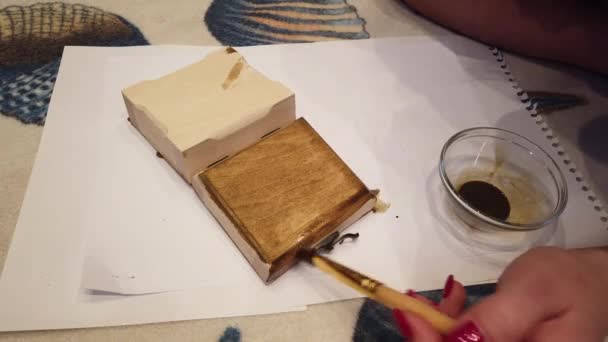 Femme Peinture Boîte Bois Avec Pinceau Couleur Marron — Video