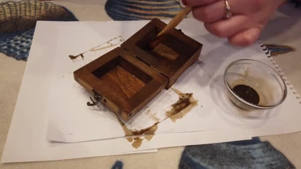 Mujer Pintando Caja Madera Con Pincel Color Marrón — Vídeos de Stock