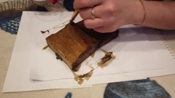 Mujer Pintando Caja Madera Con Pincel Color Marrón — Vídeo de stock