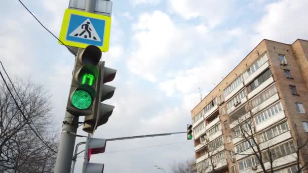 신호등 빨간색 노란색 화살표 표지판 보행자 횡단을 합니다 신호등의 대도시의 — 비디오