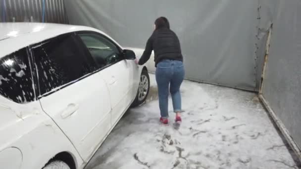 Rusko Moskva Duben 2019 Brunetská Dívka Používá Rozprašovač Kryje Auto — Stock video