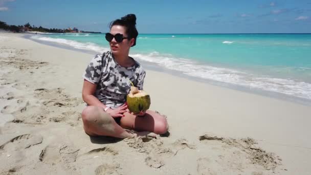 Portrait Beautiful Cute Brunette Young Woman Cheerful Girl Drink Coconut — Stock Video