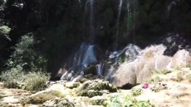 Orman dağ dere. Orman nehir. Dağ nehir. Su. Art arda sıralı şelale. Doğada güzellik. Manzara. Saf taze su şelale orman dağlarda