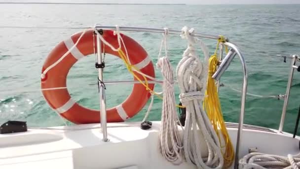 Red Life Buoy Blue Calm Sea Water Background Lifebuoy Boat — Stock Video