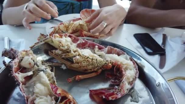 Acabo Cocinar Una Langosta Fresca Gente Come Langosta Barco Mecedora — Vídeos de Stock