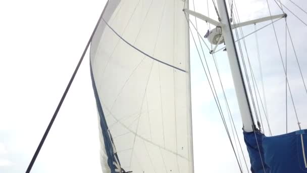 White Sails Fluttering Wind Moving Sailing Yacht Background Blue Sky — Stock Video