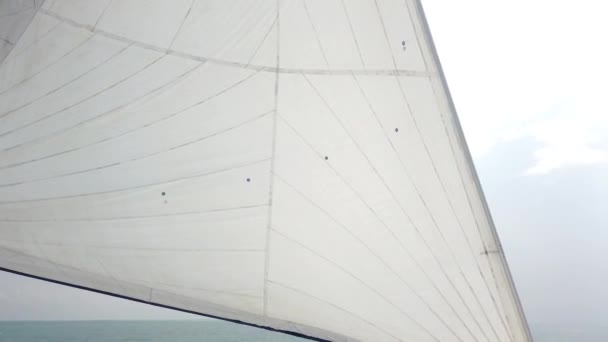 Белые Паруса Трепещут Ветру Движущейся Парусной Яхты Фоне Голубого Неба — стоковое видео