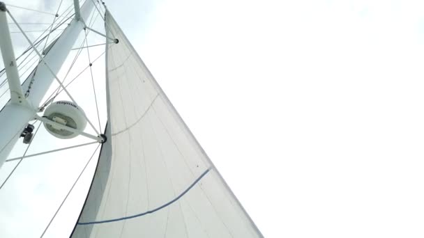 Λευκά Πανιά Φτερουγίζουν Στον Άνεμο Της Μετακίνησης Ιστιοπλοϊκού Σκάφους Στο — Αρχείο Βίντεο