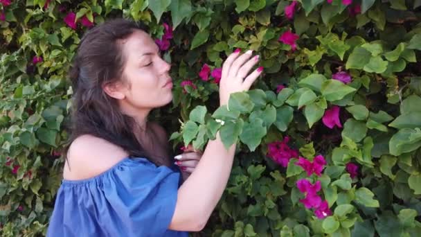 Mladá přitažlivá brunetka chodí na pozadí červených jarních květin v parku. Dívka s červenými květy v dlaních. — Stock video