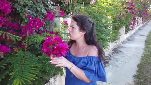 Young attractive brunette woman walks on the background of red spring flowers in park. Girl with red flowers in her hands. — Stock Video