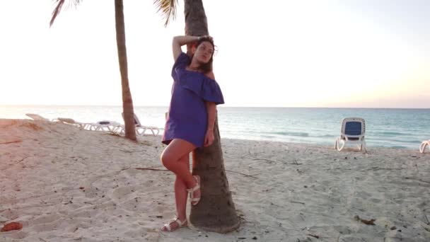 Brünettes Mädchen Der Palme Strand Bei Sonnenuntergang — Stockvideo