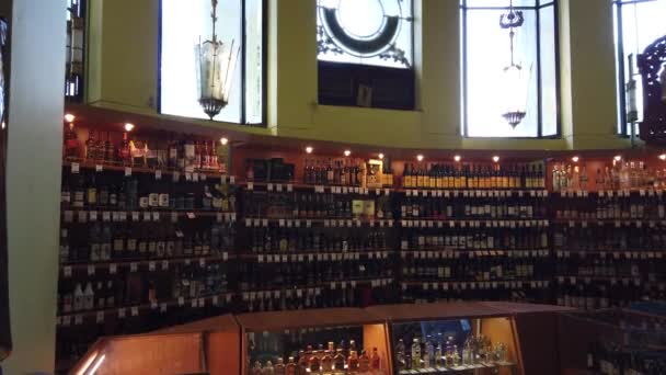 Dużo Wina Półkach Supermarkecie Sklep Alkoholowy Podróżować Kamerą Butelkach Wina — Wideo stockowe