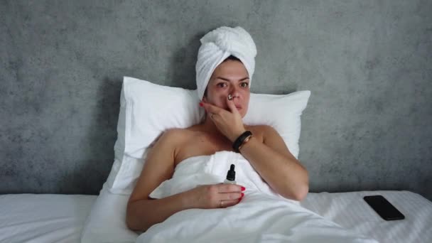 Slow Motion Woman Beautiful Face Perfect Skin Applies Serum Lifting — Stock Video
