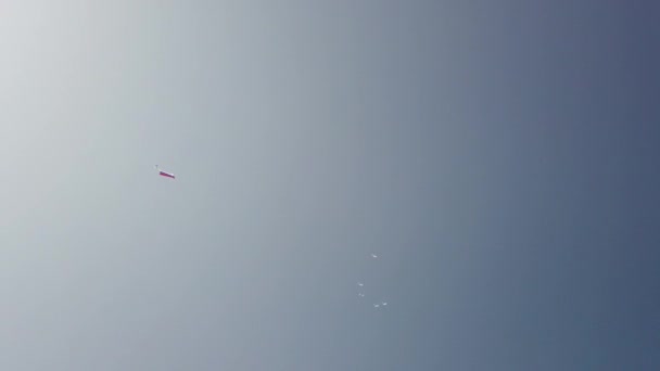 Skydiver Εναντίον Μπλε Συννεφιασμένο Ουρανό Φέρουν Κάτω Σημαία Της Ρωσικής — Αρχείο Βίντεο