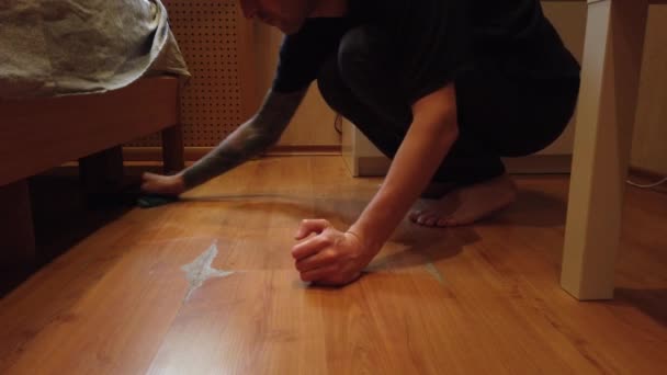 Young Man Washing Floor Home Closeup Man Wiping Dirt Wooden — Stock Video