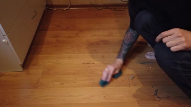 Young Man Washing Floor Home Closeup Man Wiping Dirt Wooden — Stock Video